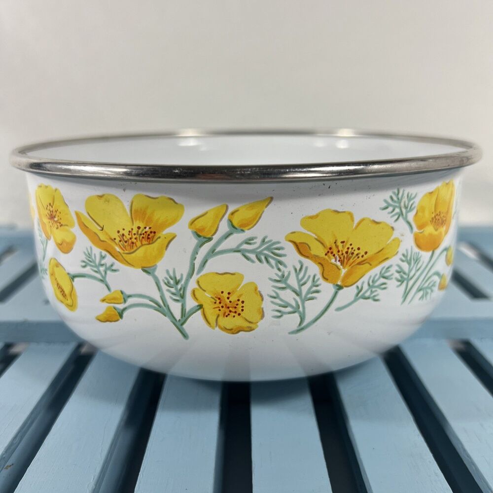 Kobe Kitchen - Yellow Poppy - Enamelware Bowl - 6.5”  - Japan 1970s - Vintage